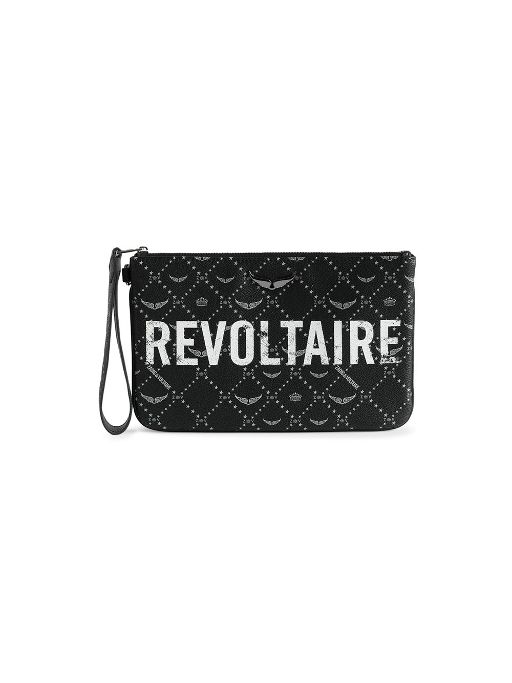 Rectangular Black Textured Wristlet Clutch with Distressed Logo