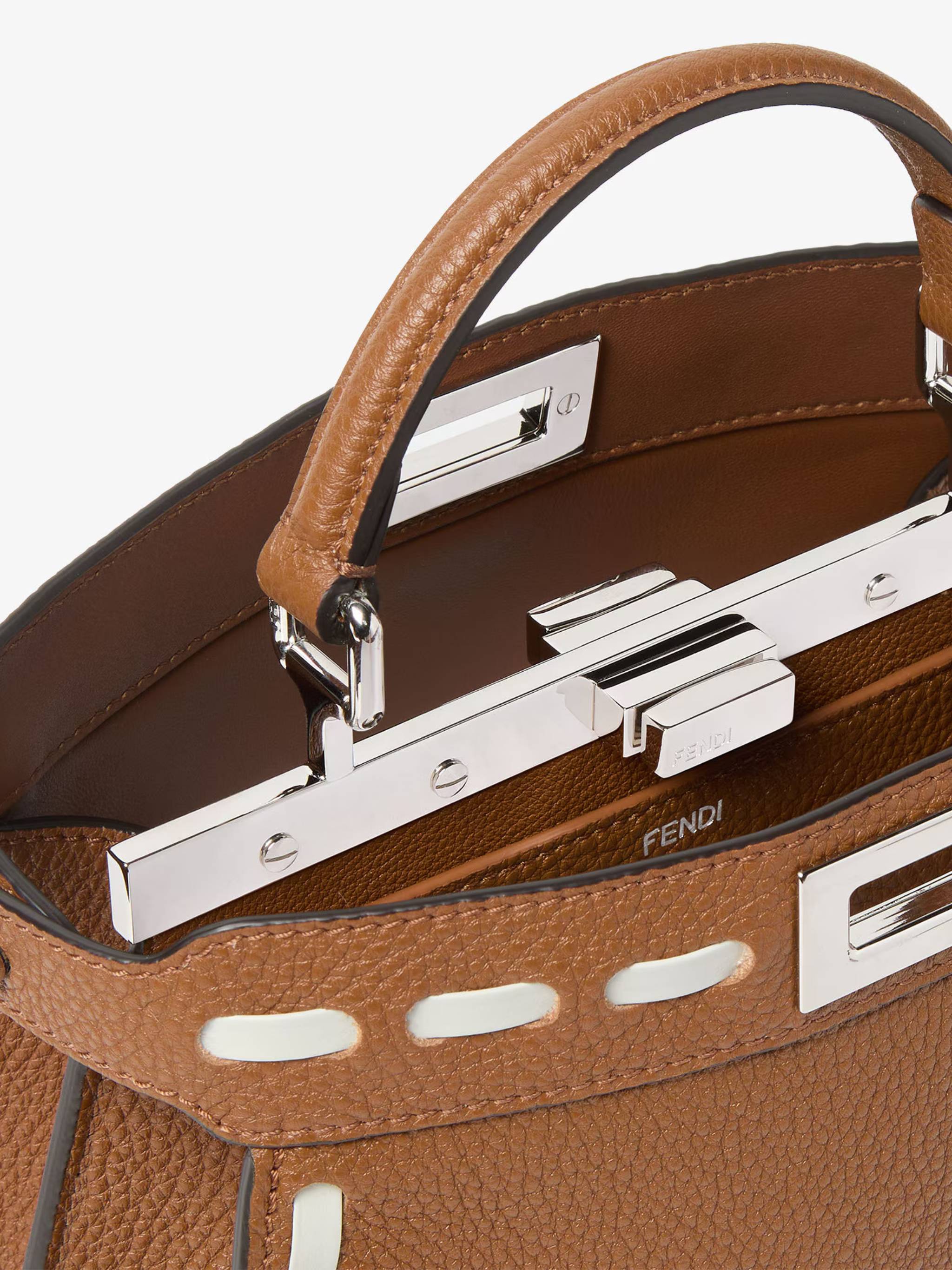 Trapezoidal Leather Handbag with Stitched Detailing and Silver-tone Closure