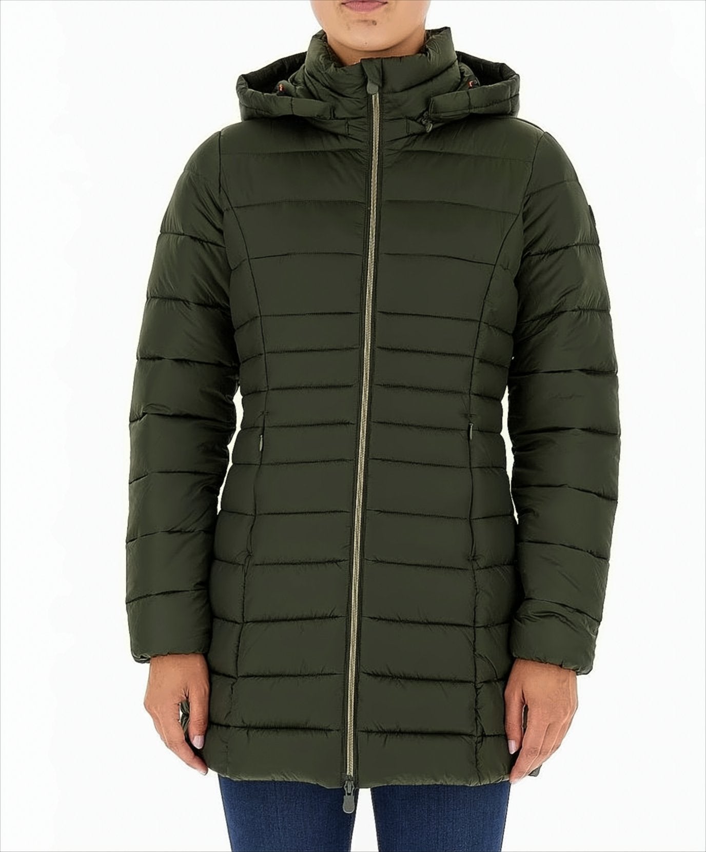 Quilted Green Down Jacket With Drawstring Hood