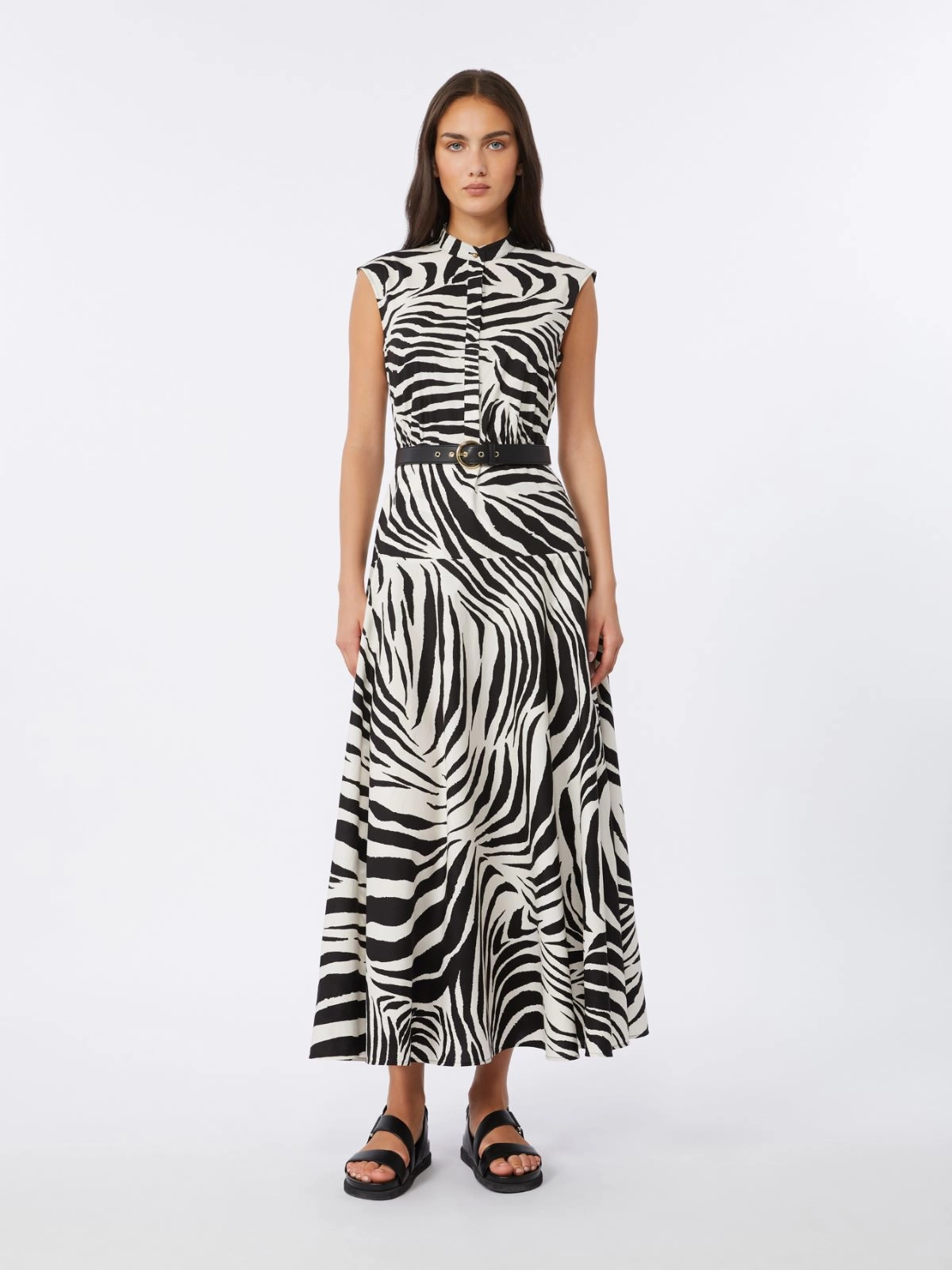 Zebra Print Midi Dress with High Collar
