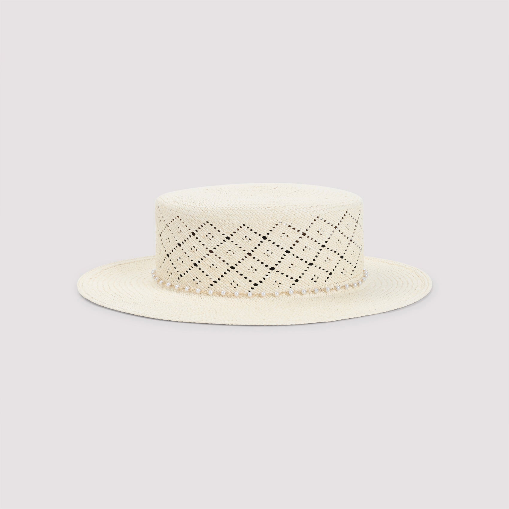 Wide-Brim Hat with Perforated Diamond Pattern and Pearl Accents