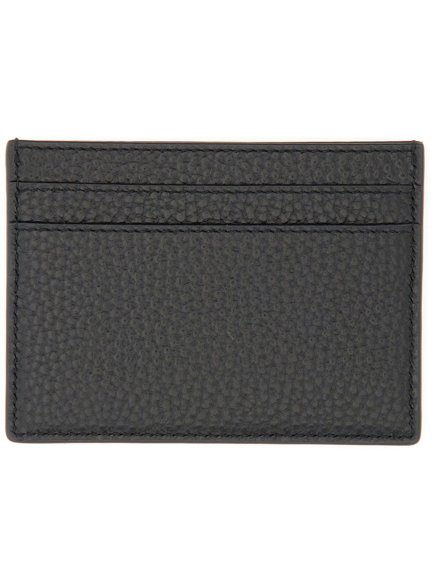 Textured Black Leather Monogram Card Holder