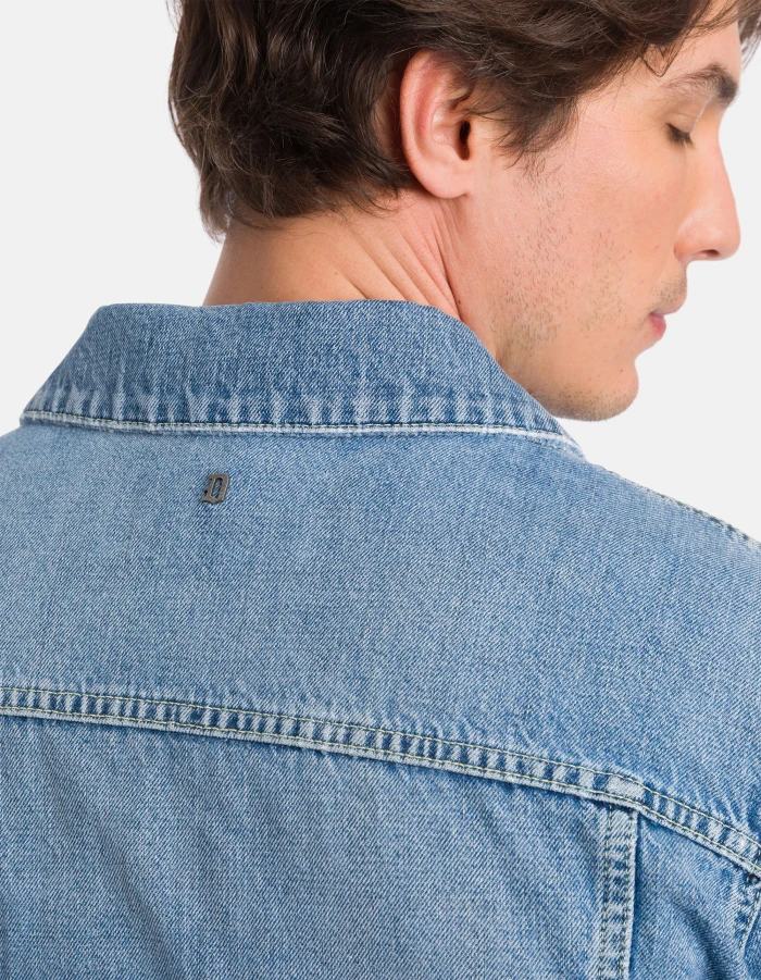 Medium Blue Wash Denim Jacket with Button-Up Front