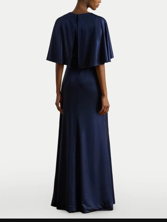 Blue V Neck Cape Front Dress