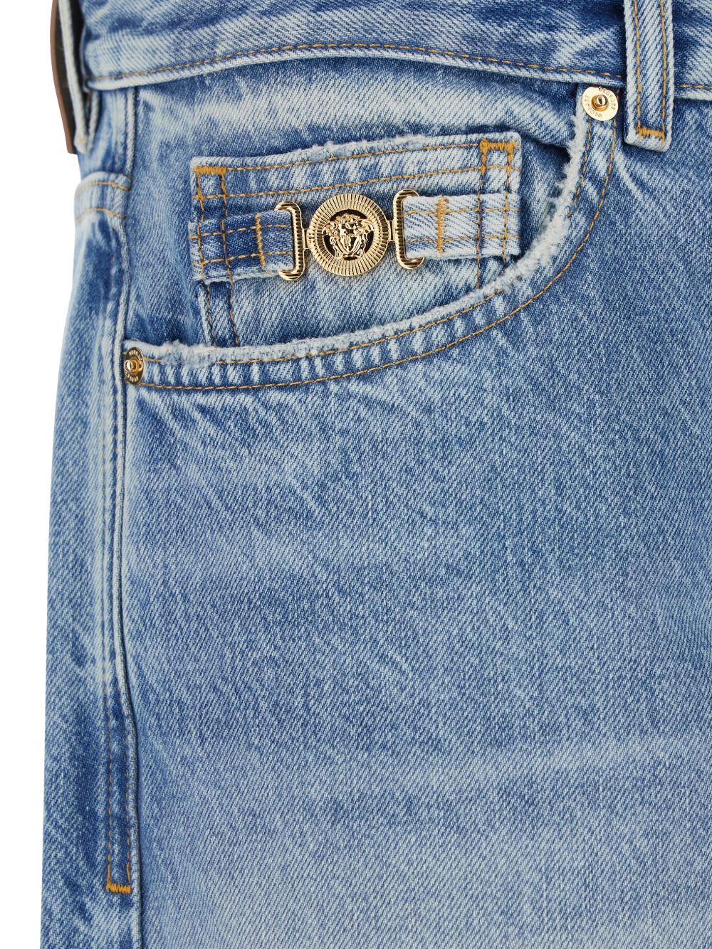 Straight-Leg Denim Look Trousers with Metallic Emblem