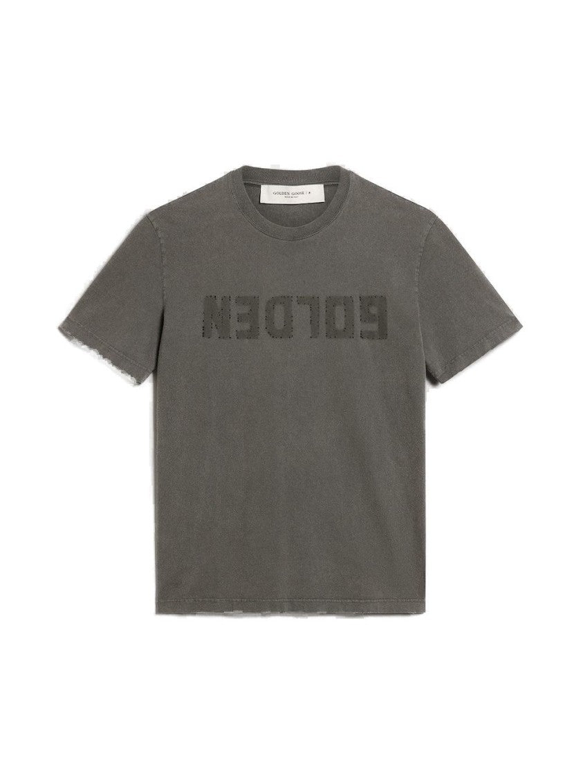 Distressed Logo Grey Cotton T-Shirt