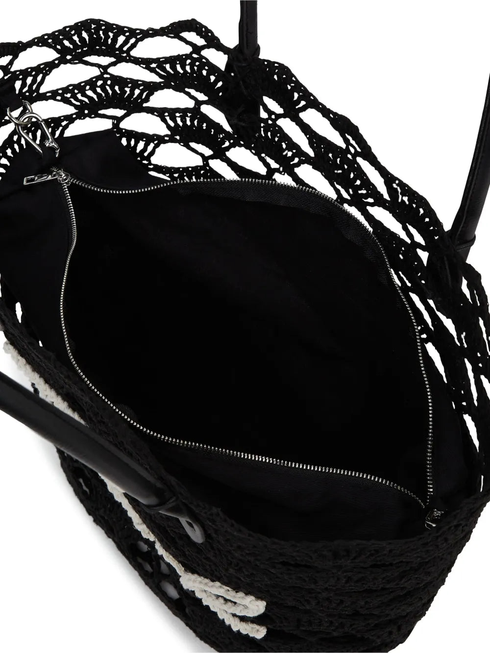 Intricate Openwork Crochet Tote Bag with Logo Detail