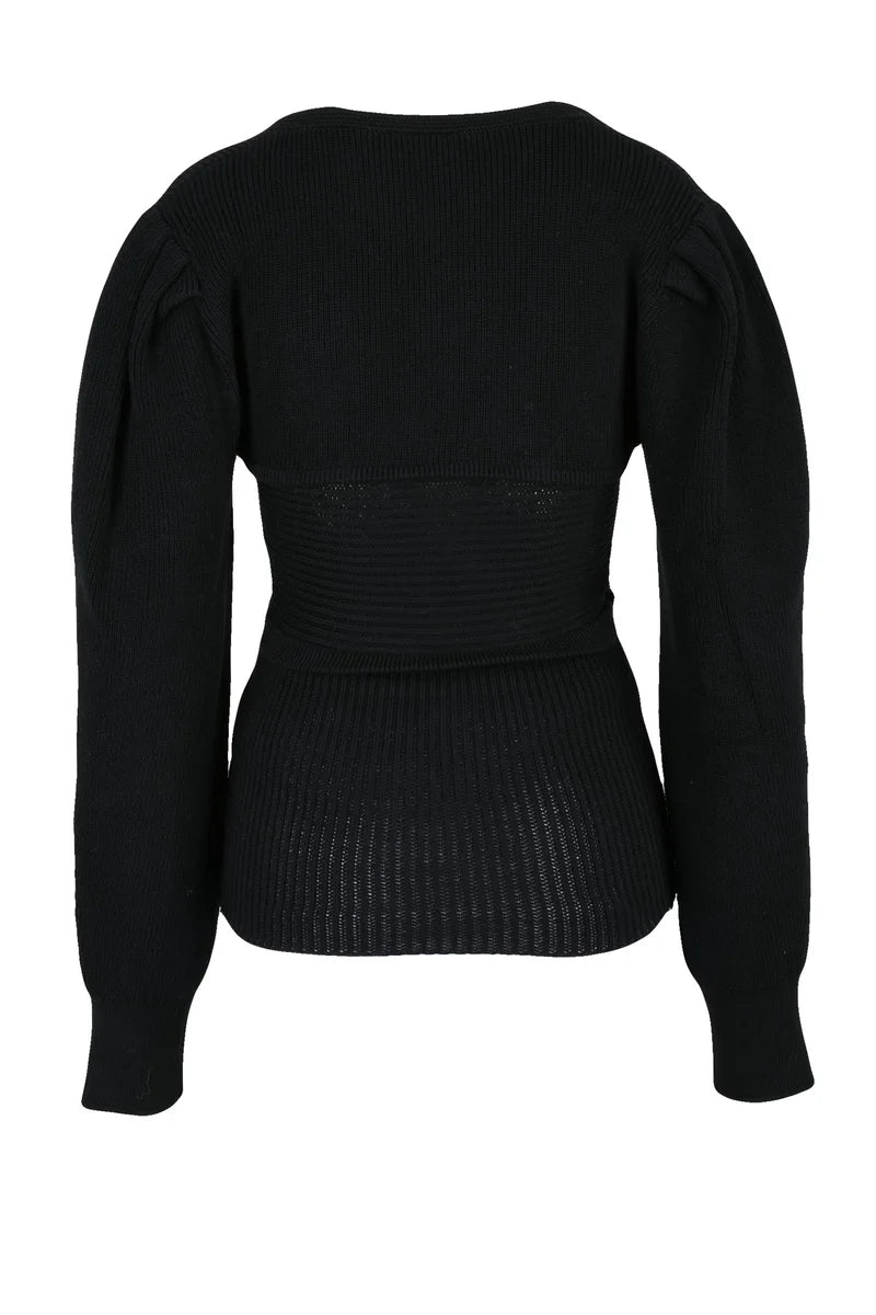 Ribbed V-neck Sweater - Black