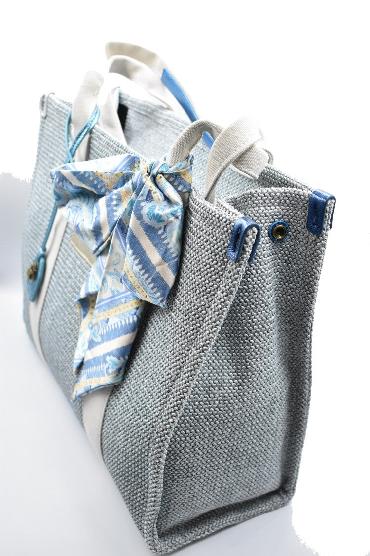 Textured Grey Tote Bag With Decorative Scarf