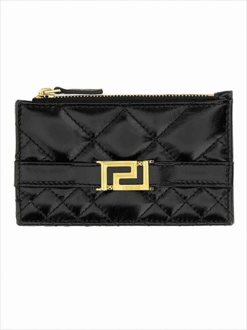 Rectangular Quilted Lambskin Card Wallet with Gold-tone Clasp