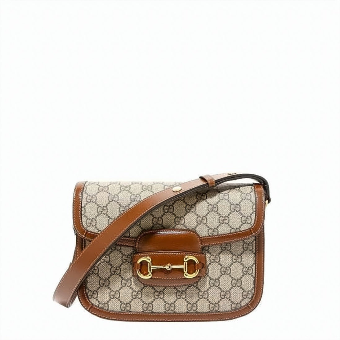 Structured Beige Canvas Horsebit Shoulder Bag with Leather Trimming