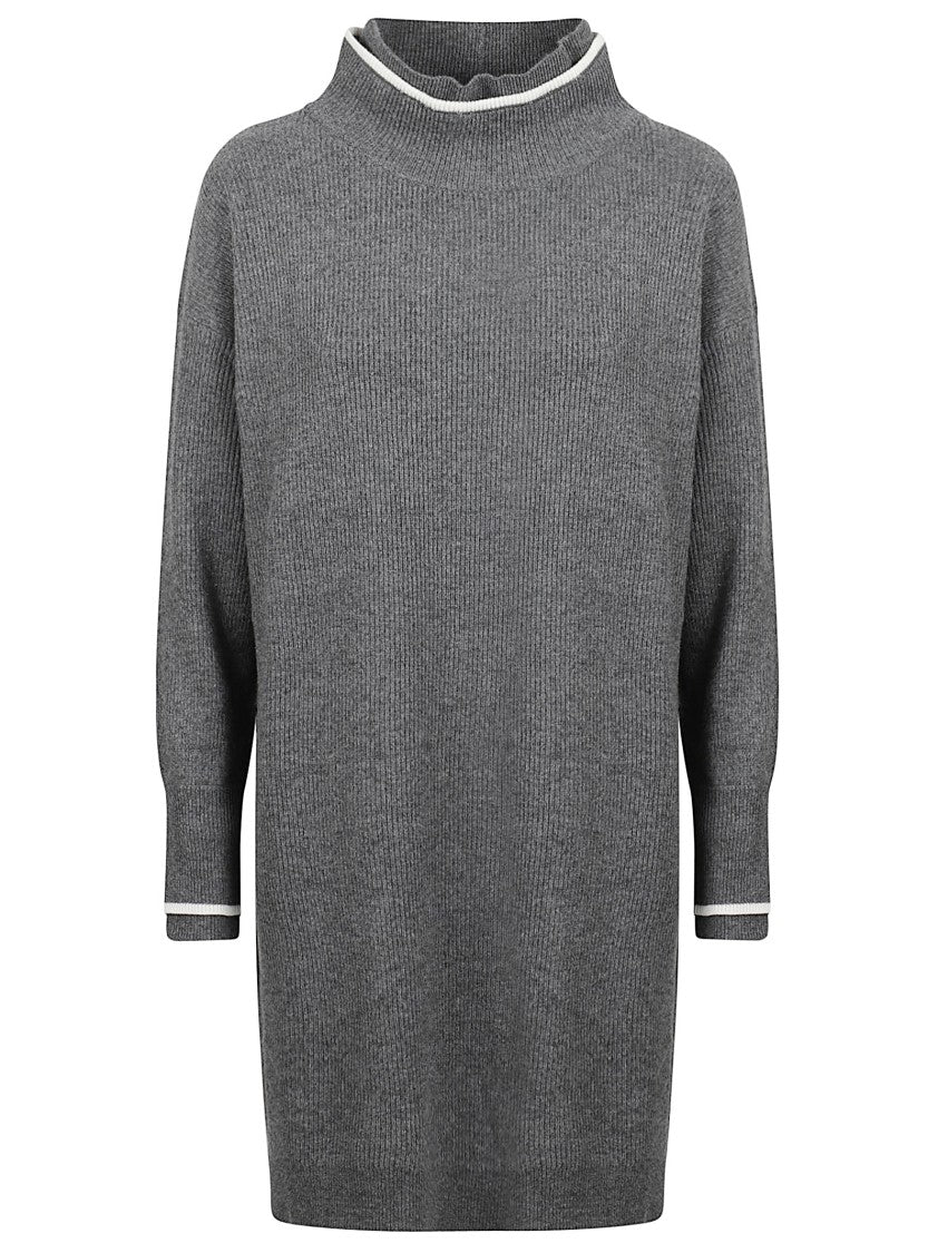 Grey Ribbed Knit Dress With High Neck