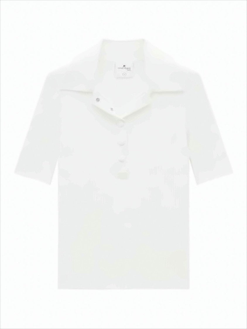 Ribbed Short-Sleeved Sweater with Buttoned Placket
