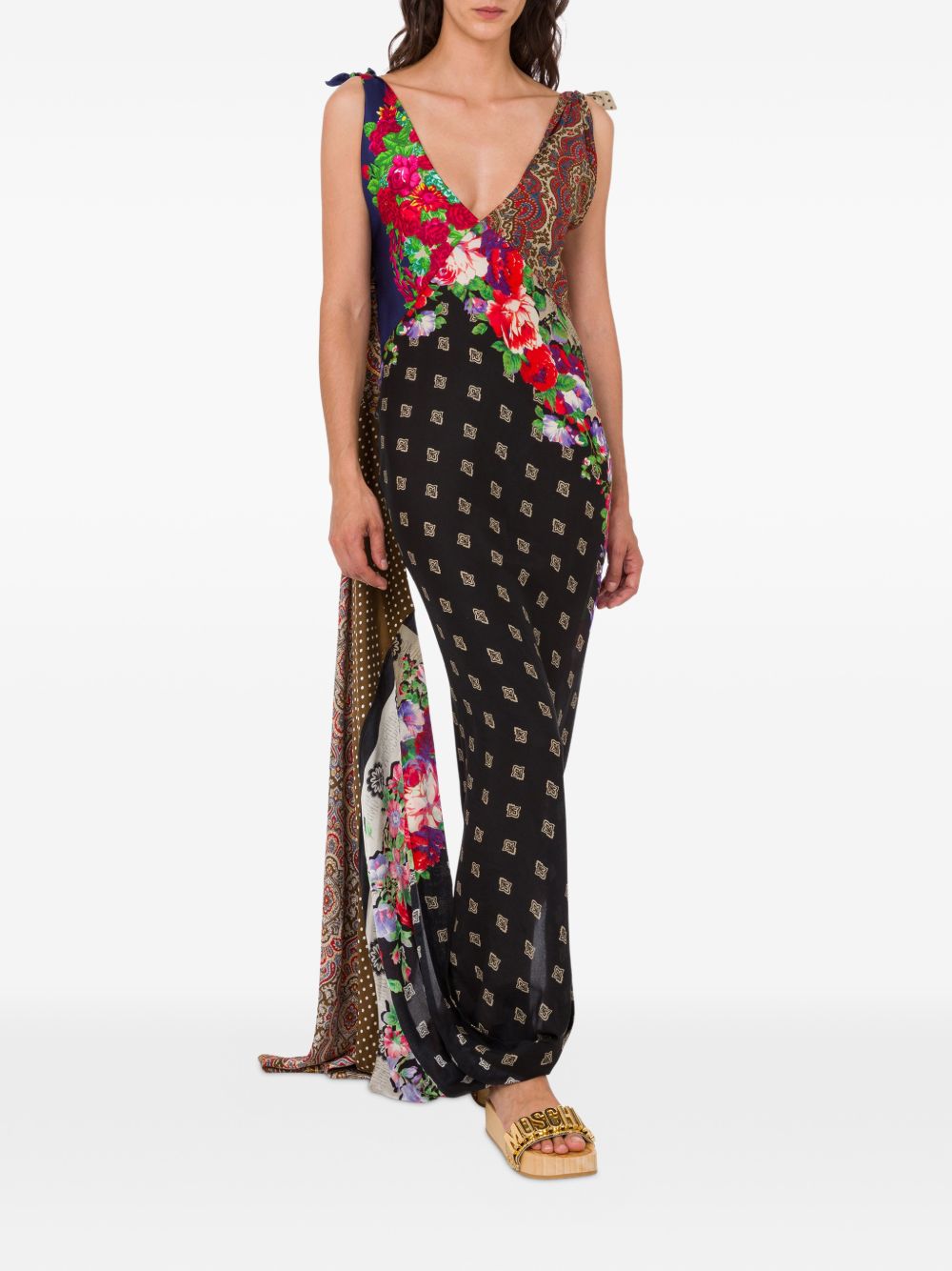 Patchwork Maxi Dress With Deep V-Neckline
