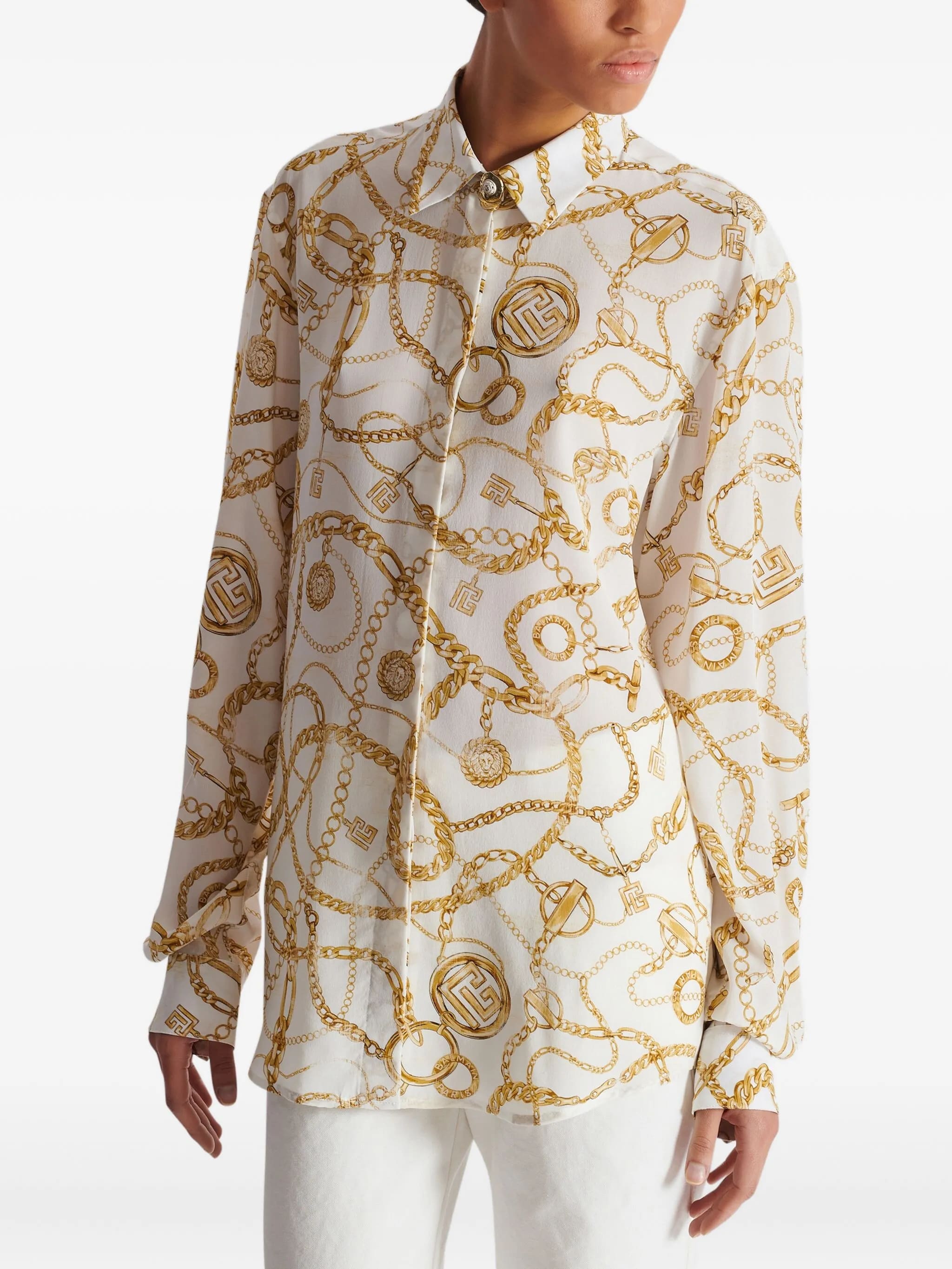 White Ls Shirt Chain Print Silk Shirt