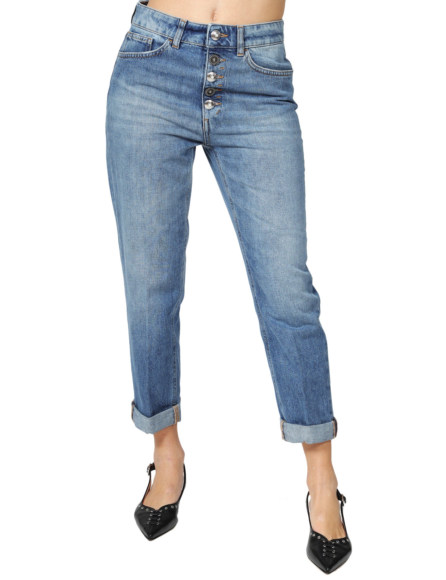 Mid-Rise Jeans with Metallic Buttons and Rolled Cuffs