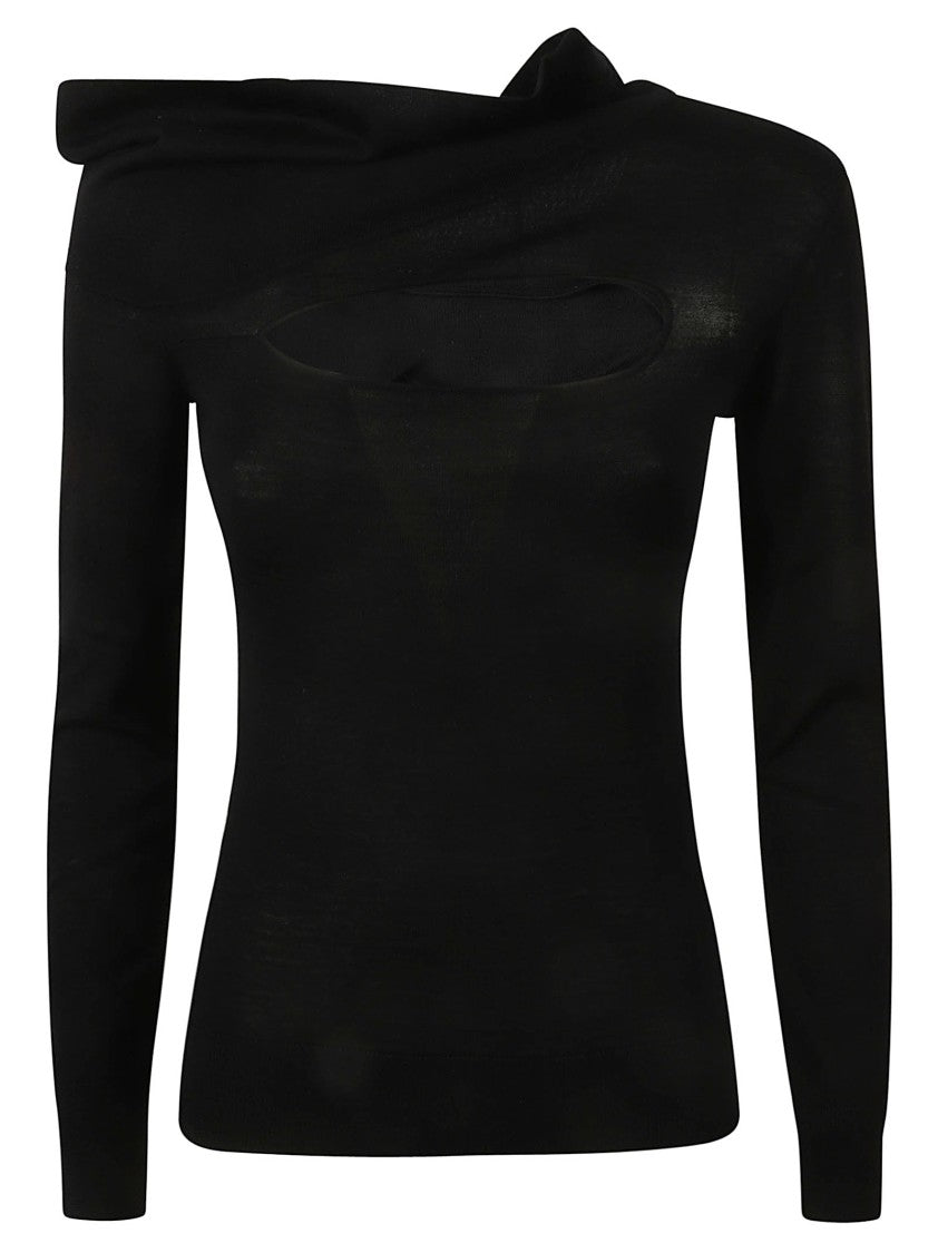 Off-Shoulder Black Merino Wool Sweater