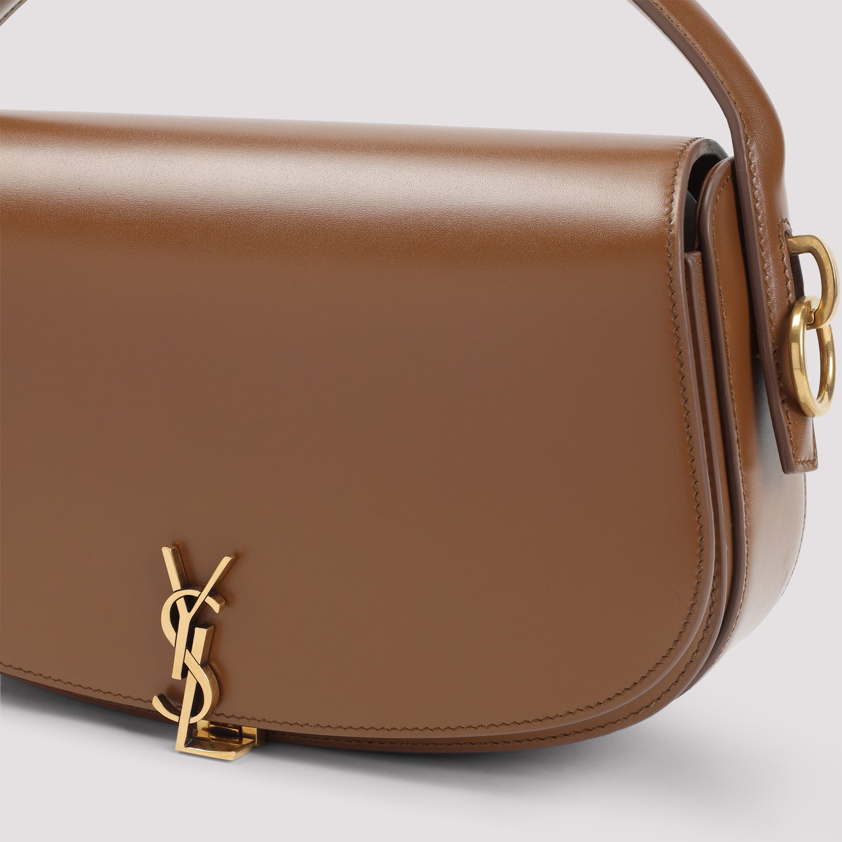 Smooth Brown Leather Shoulder Bag with Bronze-Toned Hardware