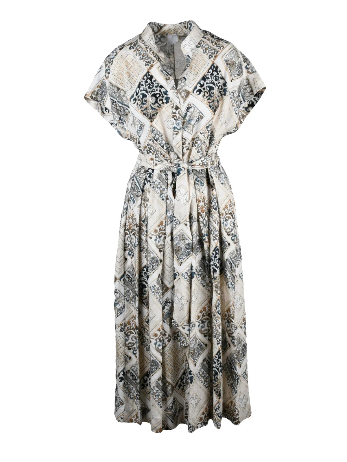 Beige Blue Linen Shirt Dress