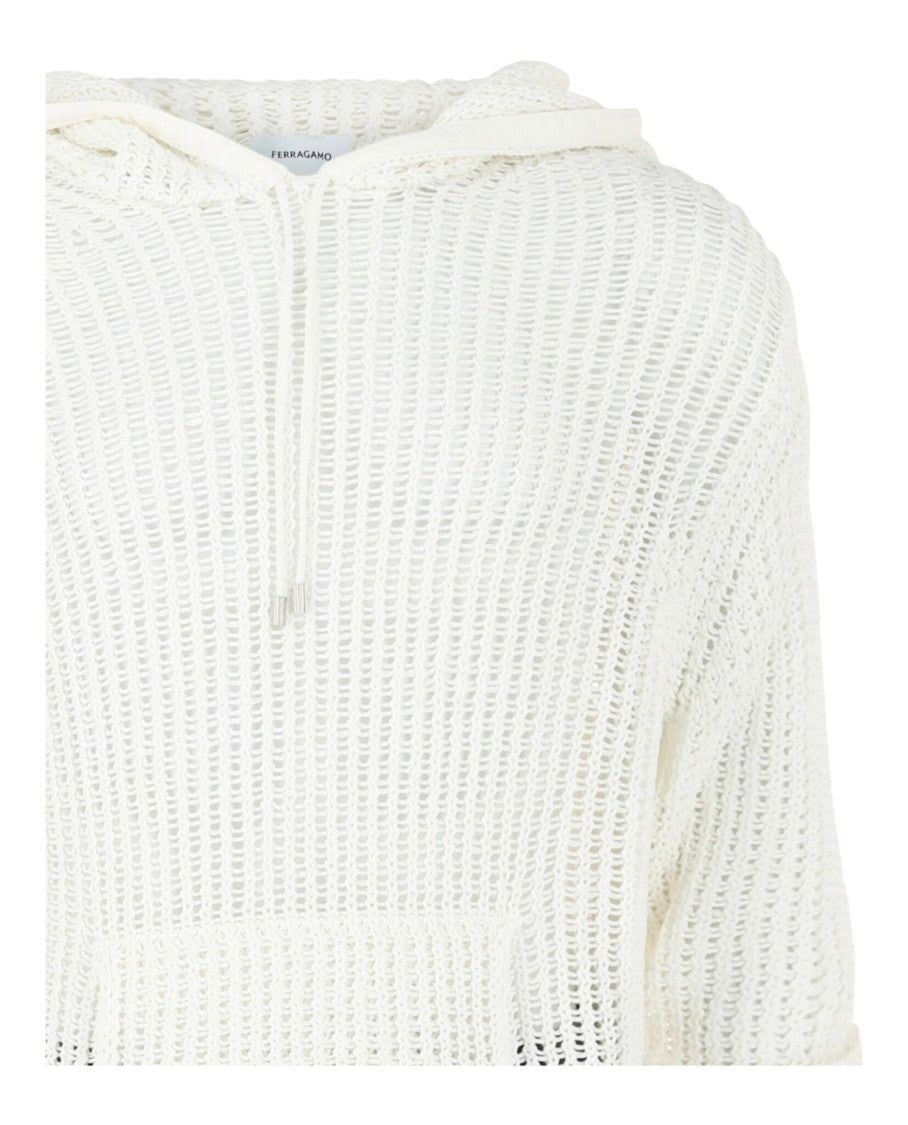 Crochet Drop-Sleeve Hoodie With Ribbon Trim