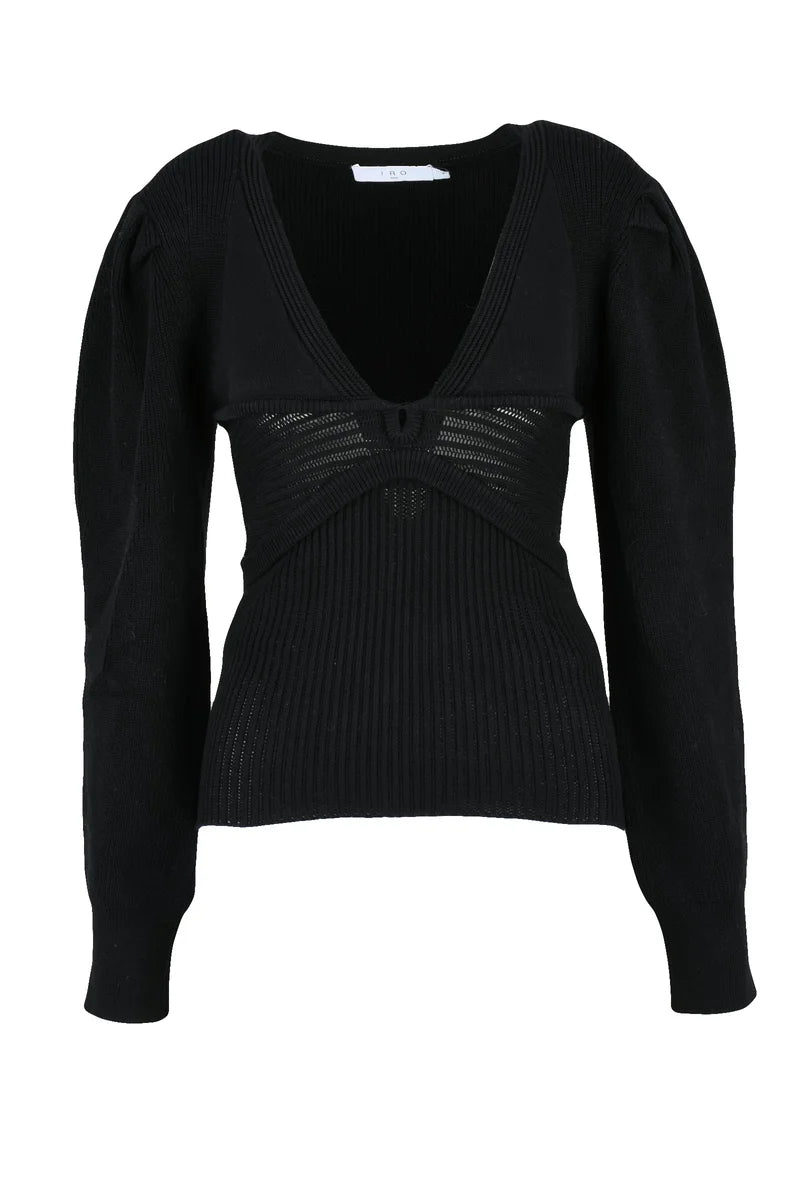 Ribbed V-neck Sweater - Black