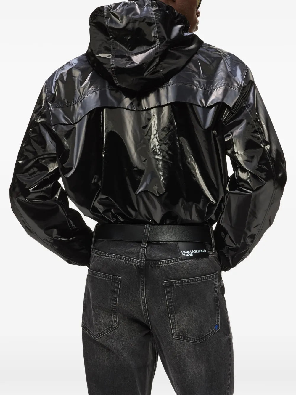 Glossy Black Finish Casual Jacket with Adjustable Hood