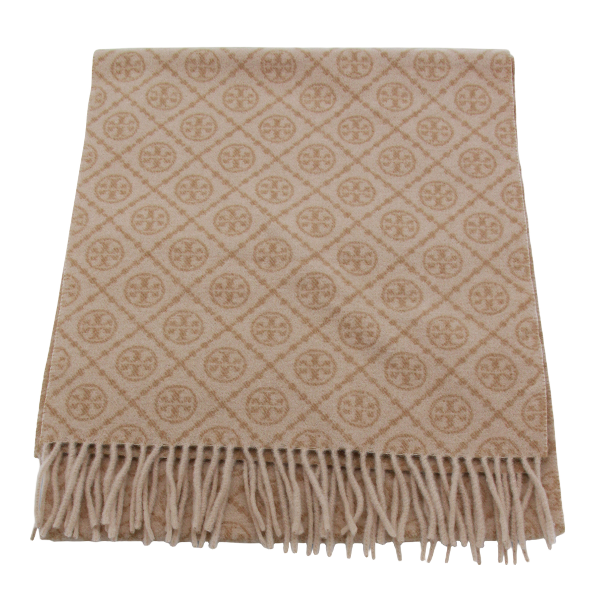 Beige Scarf With Geometric Motifs And Fringed Edges