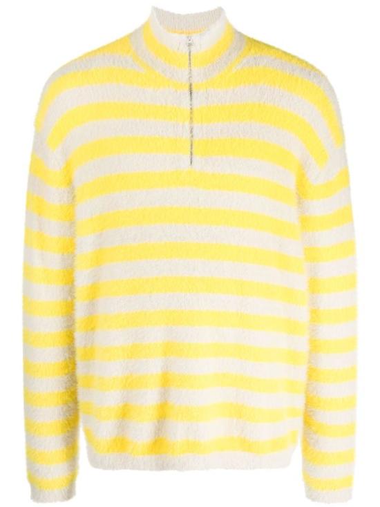 Horizontal Stripe Long-Sleeve Top with High Neck and Zipper