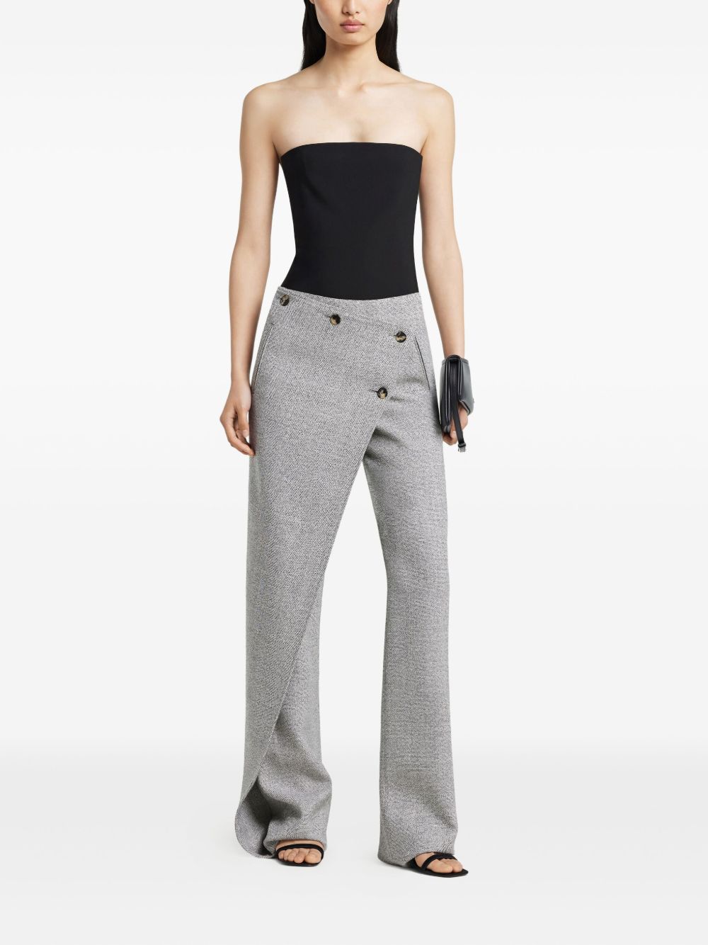 Asymmetrical Button-Detail Bodysuit With Strapless Neckline