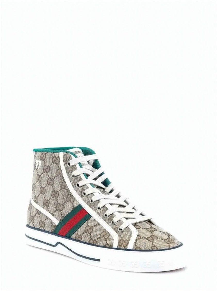 Beige Canvas High-Top Sneakers with Monogram