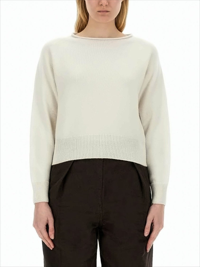 White Cashmere-Cotton Blend Sweater With Boat Neckline