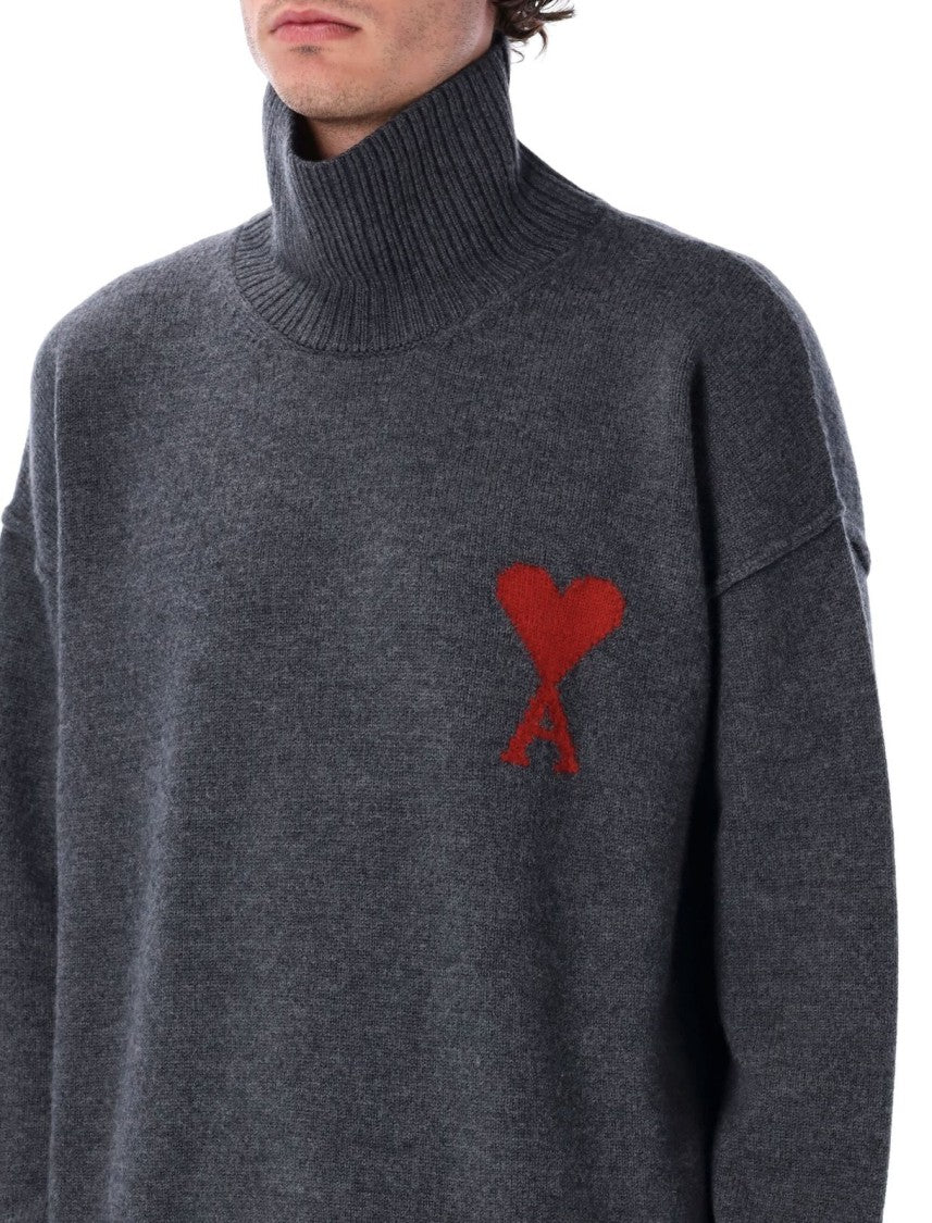 Ribbed High-Neck Wool Sweater with Heart Emblem