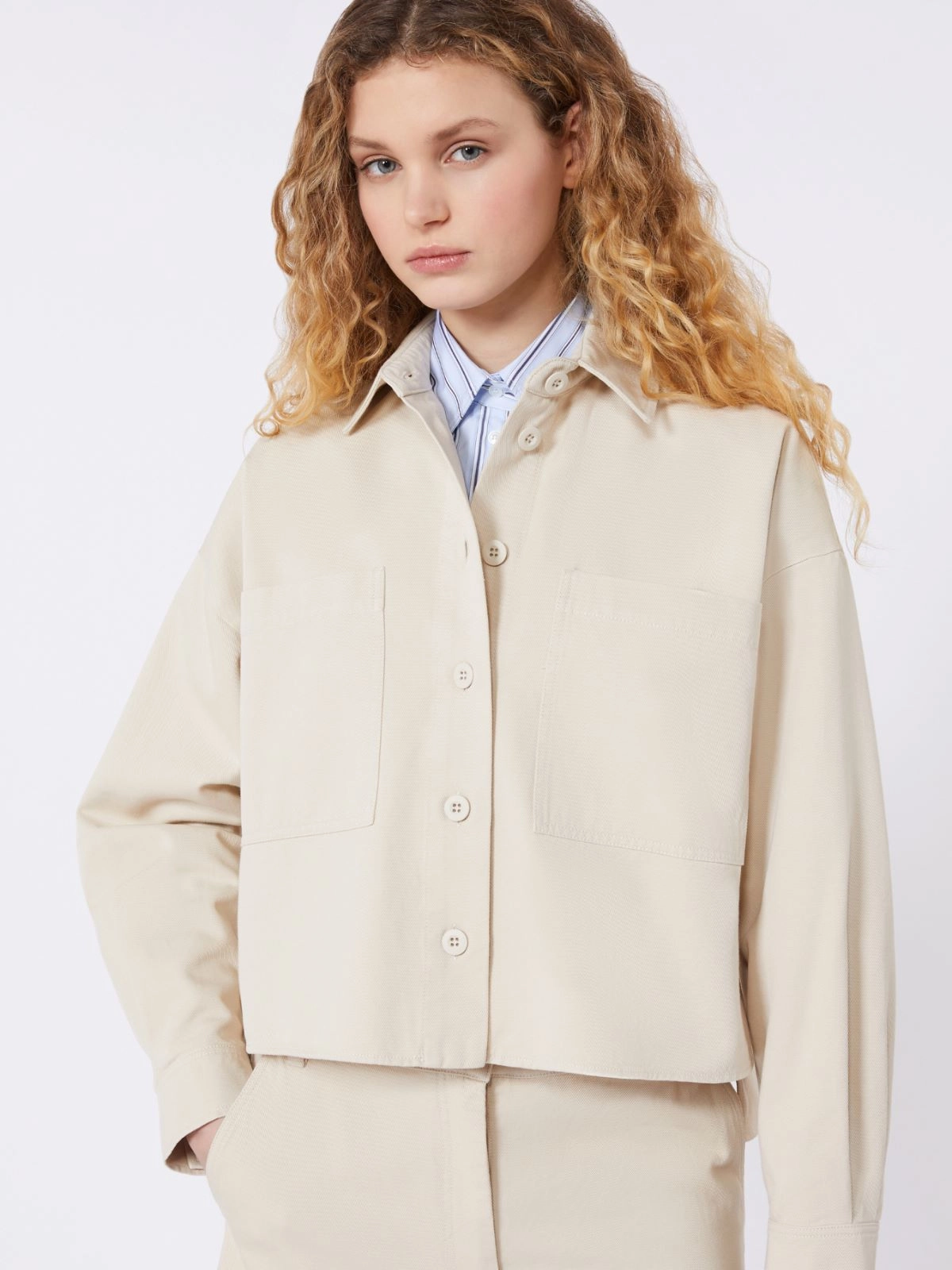 Boxy Cropped Shirt Jacket with Button-Down Front