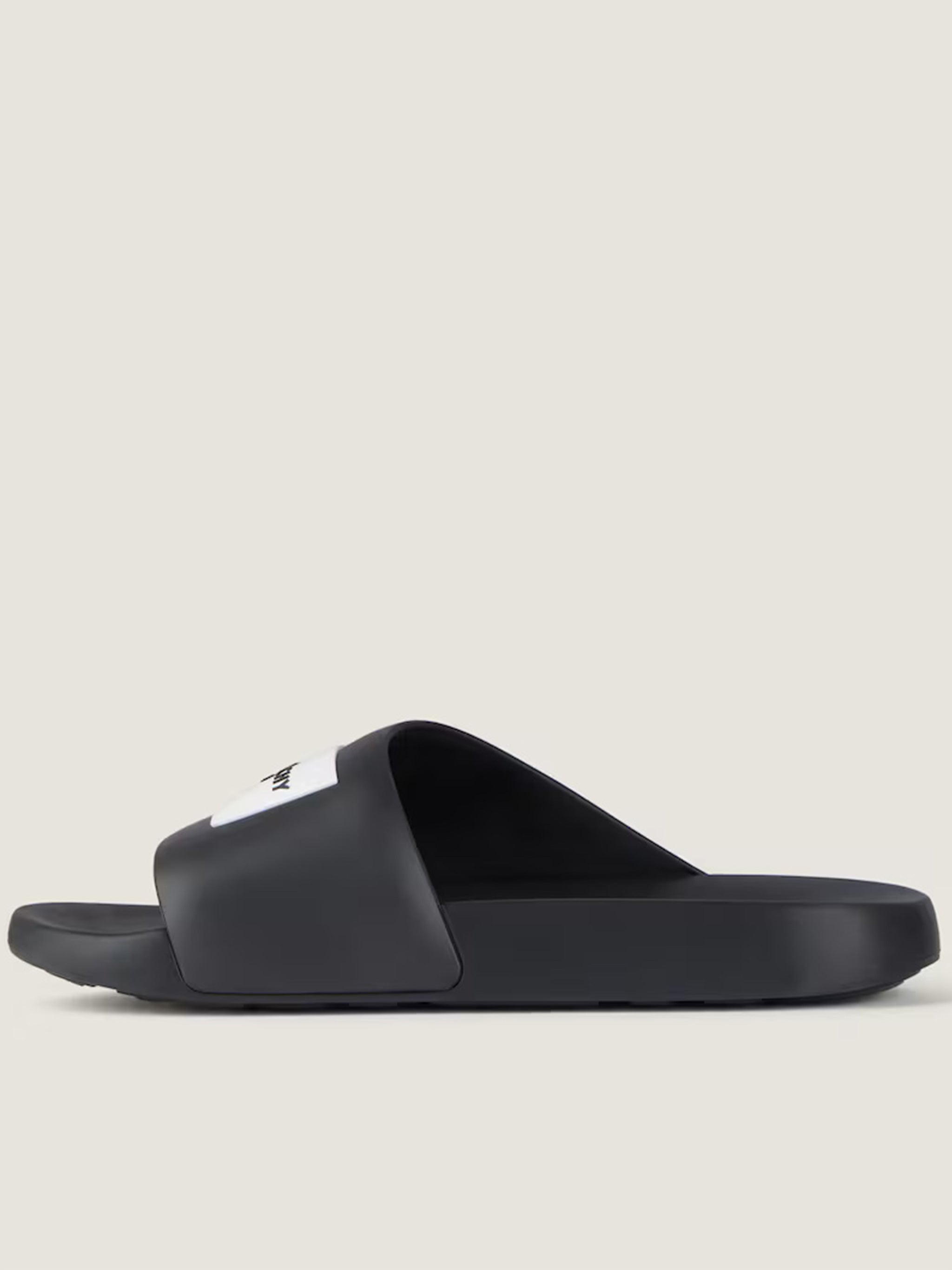 Label Slide Black Polyurethane Logo Sandals
