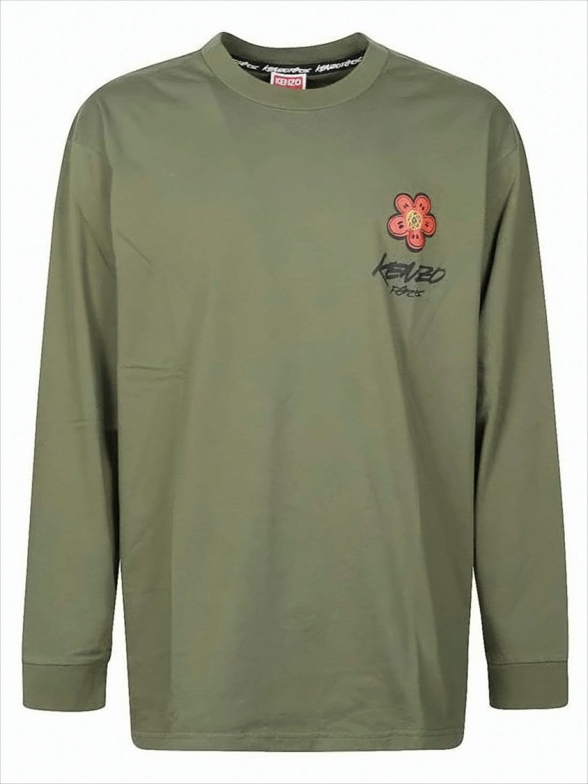Olive Green Long-Sleeve T-Shirt With Floral Graphic