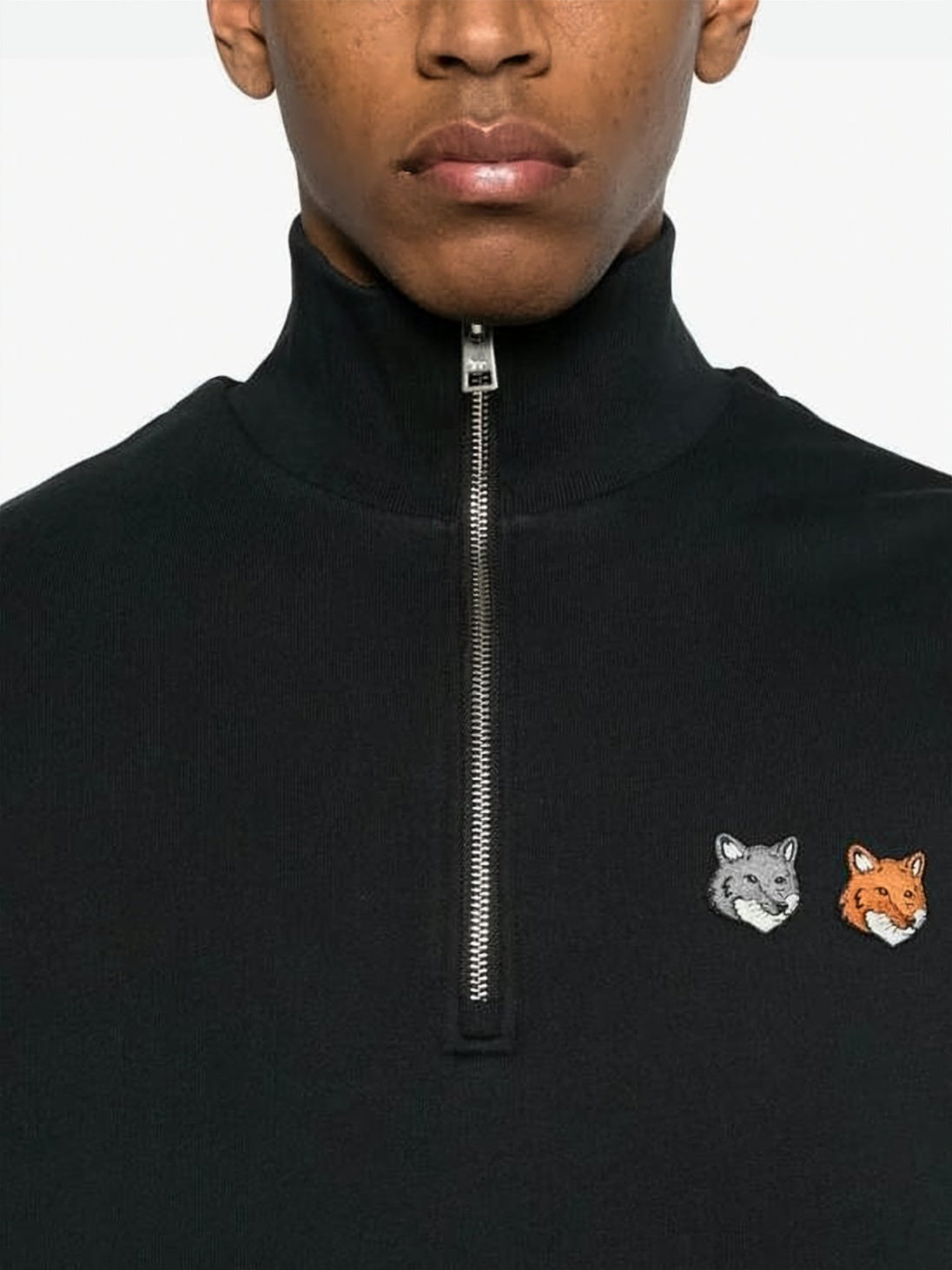 Half-Zip Pullover Sweatshirt with Embroidered Fox Motifs