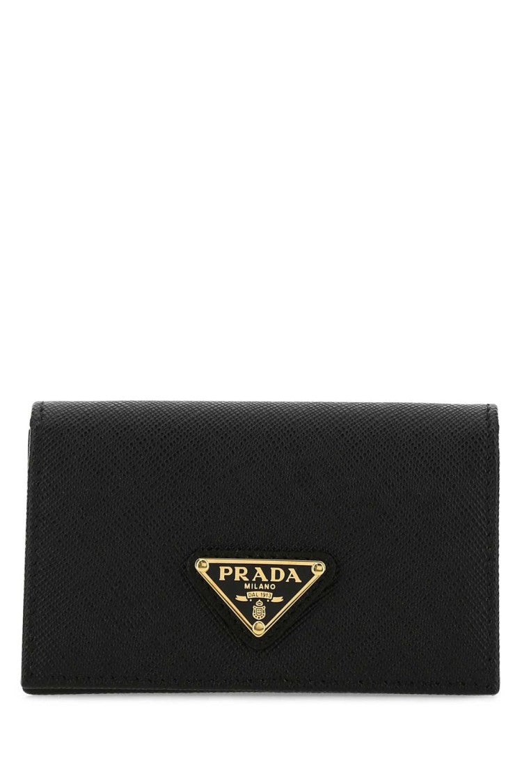 Textured Black Card Wallet With Triangular Metal Logo