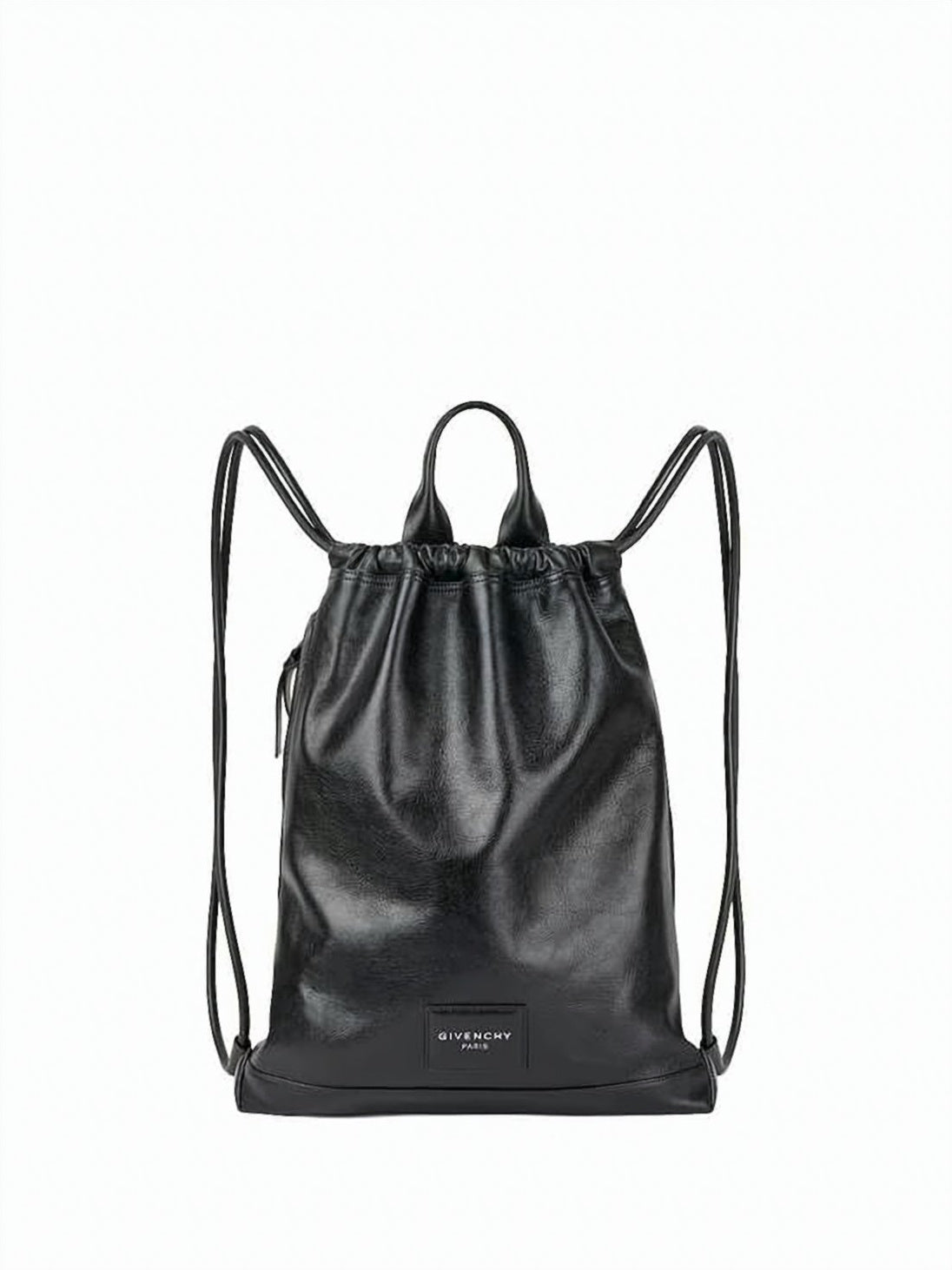 Black Smooth Calf Leather Drawstring Backpack