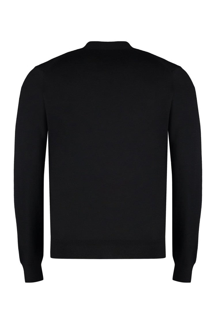 Black Wool Cardigan With V-Neckline And Embroidered Fox Emblem