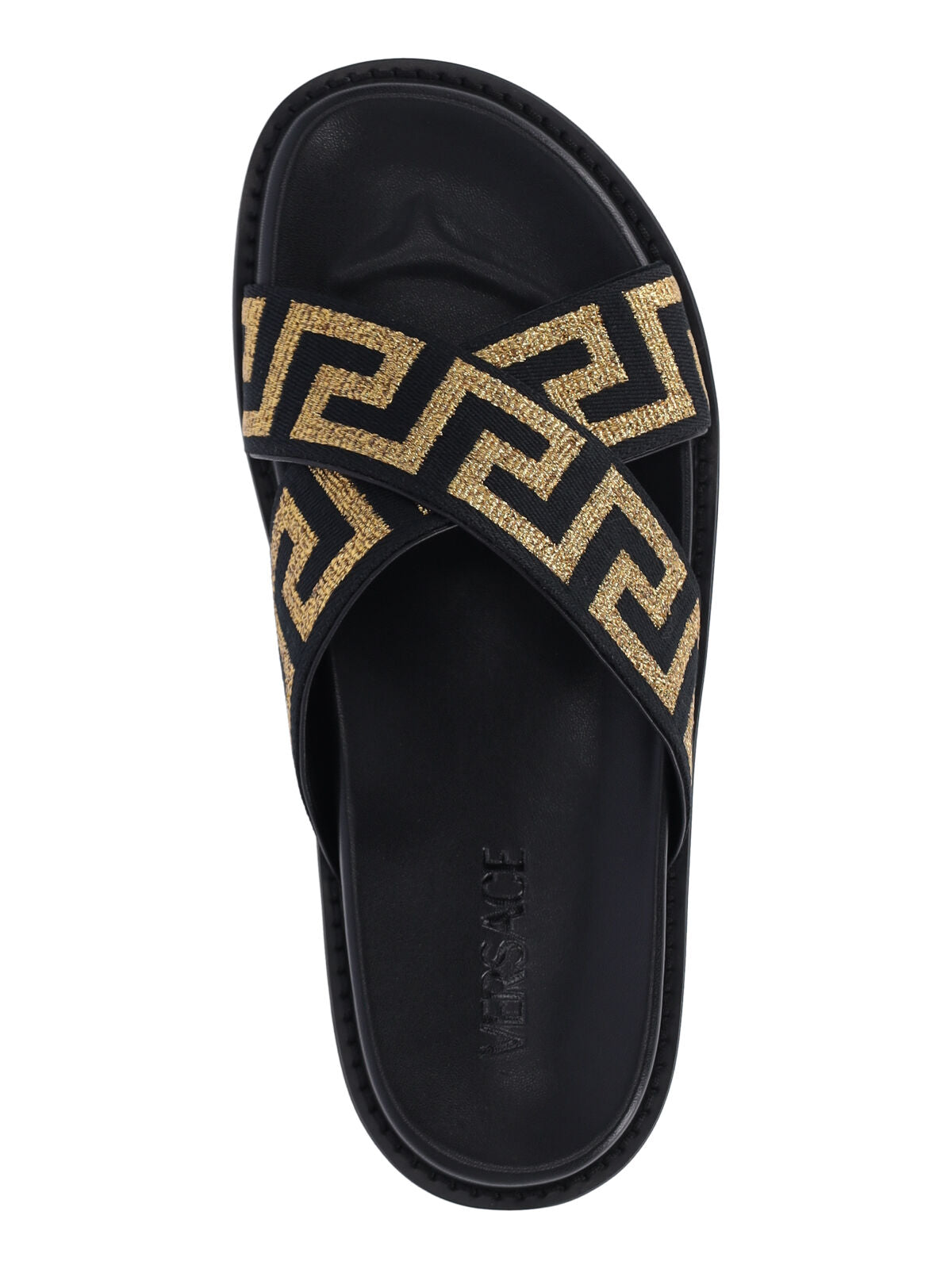 Cross-strap Slip-On Sandals with Gold Greca Motif