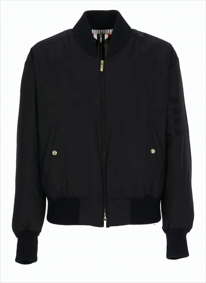 Padded Black Bomber Jacket with Gold Zipper and Ribbed Details