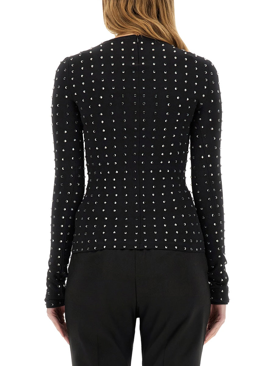 Fitted Black Long-Sleeve Top With Crystal Embellishments