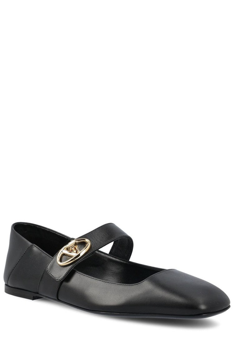 Pointed-Toe Black Calf Leather Flats with Circular Buckle Detail
