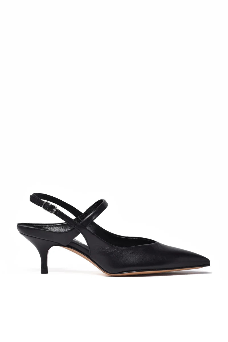 Black Leather Rubber Sole Heeled Pump