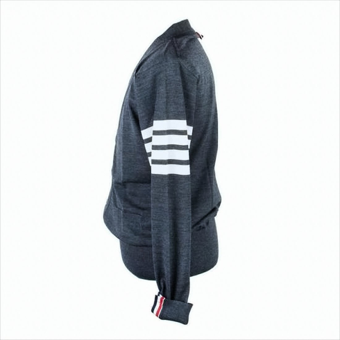Deep V-Neck Wool Cardigan with Striped Accents