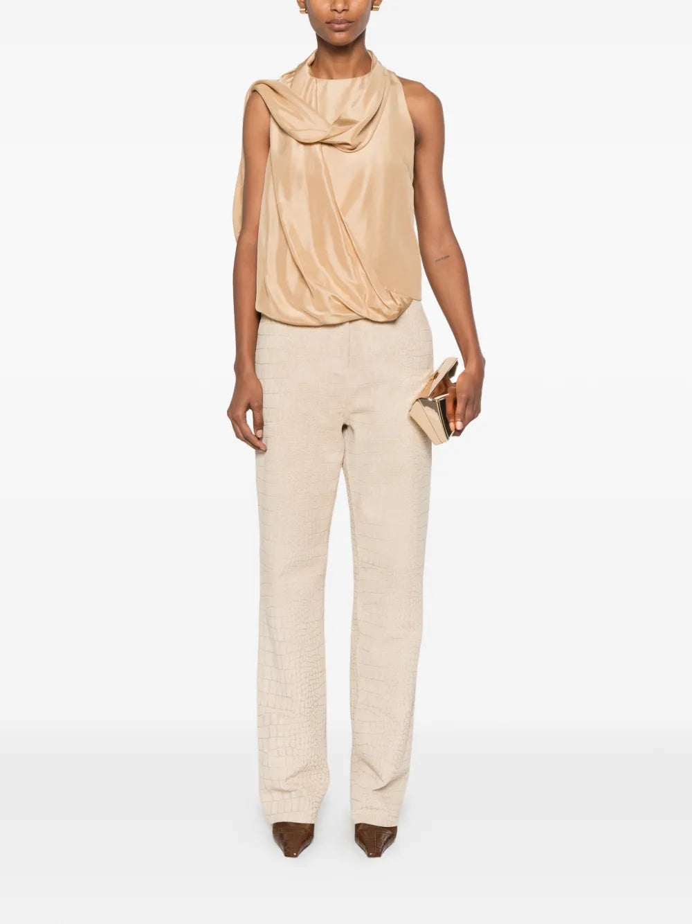 Asymmetrical Satin Top with Draped Cowl Neckline