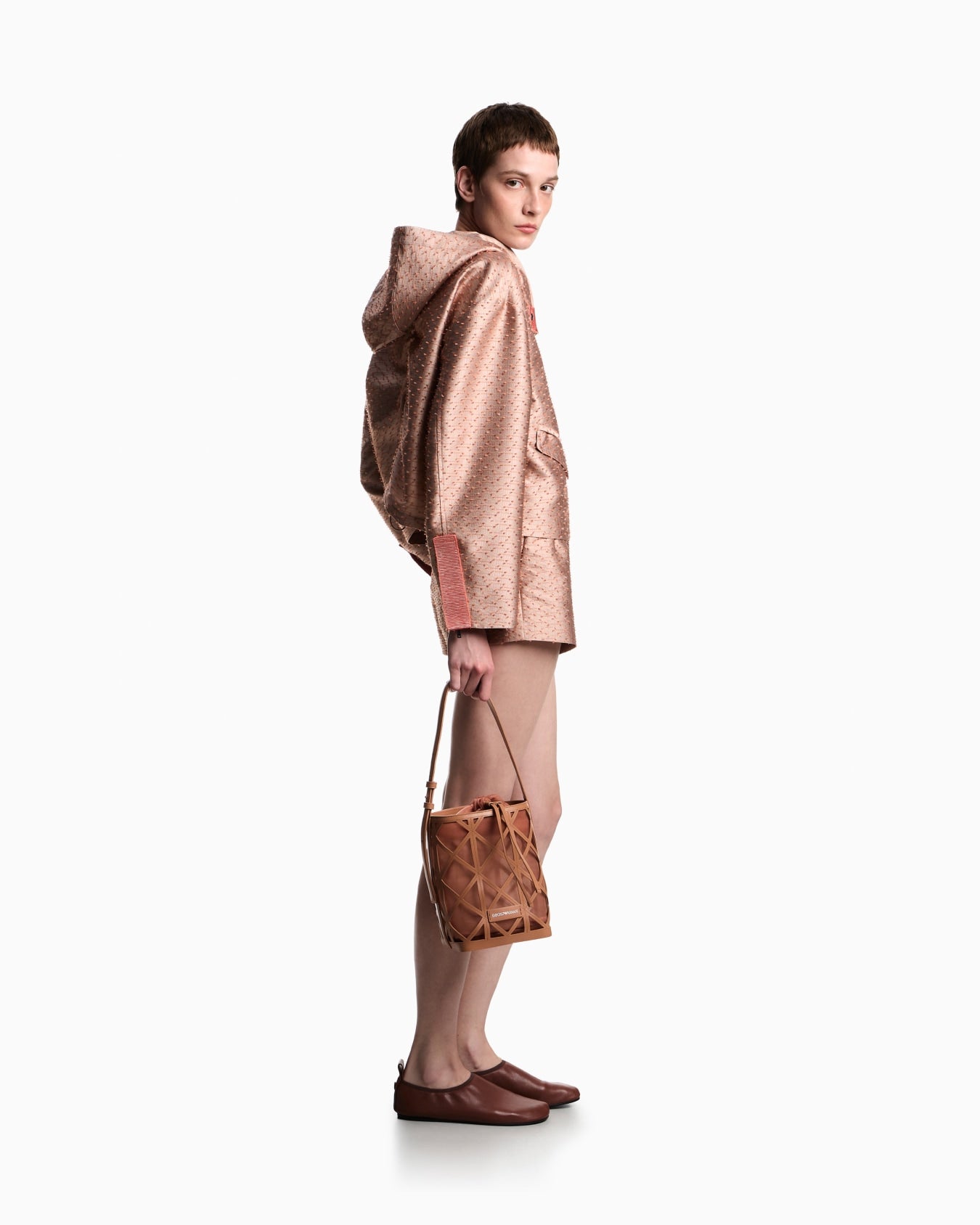Mesh Leather Exterior Drawstring Bucket Bag