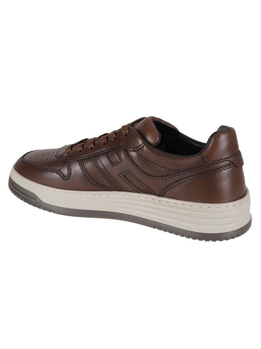 Brown Leather Sneakers With Perforated Detailing