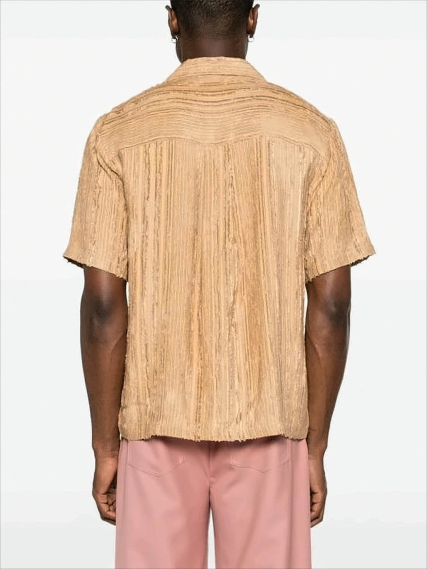Camp Collar Short-Sleeved Shirt with Textured Vertical Stripes
