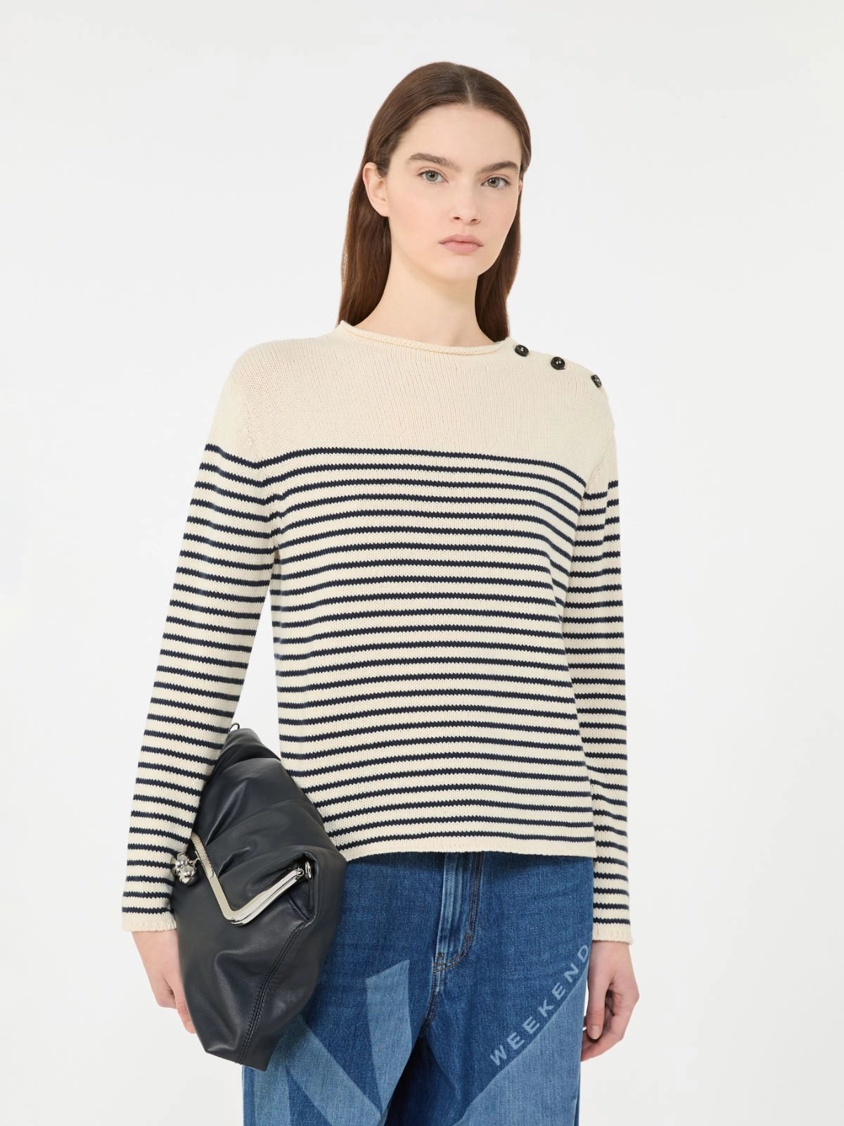 Knitted Long-Sleeve Top with Horizontal Navy Stripes